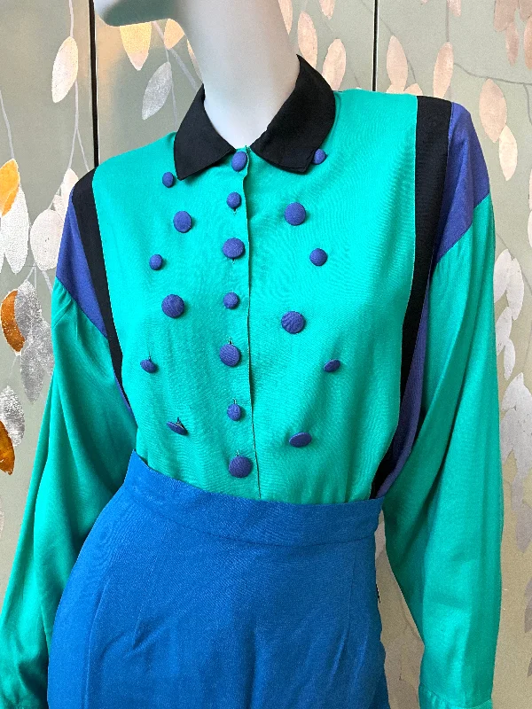 Hot Buy Vintage 1980s Teal and Blue Long Sleeve Shirt with Button Detail Front, Large