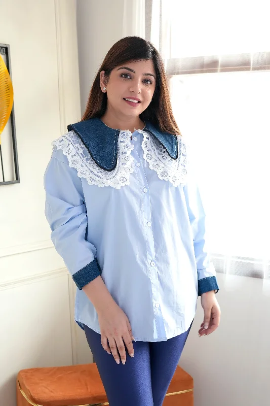 Weekend Savings Sensation Eloise Blue Embroidered Collar Shirt
