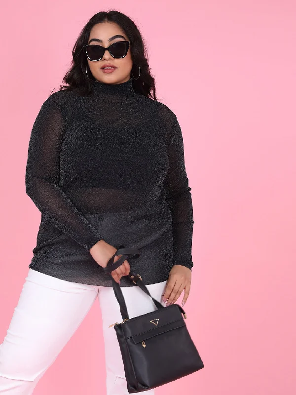 Weekend Bargains to Celebrate Women Solid Black Sheer Top