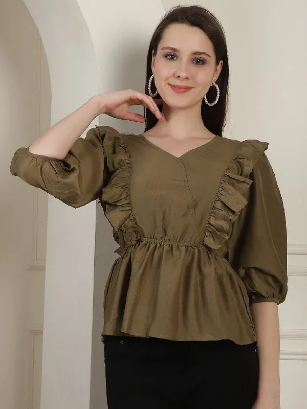 Half Price Brown Solid Women's Top With Frills