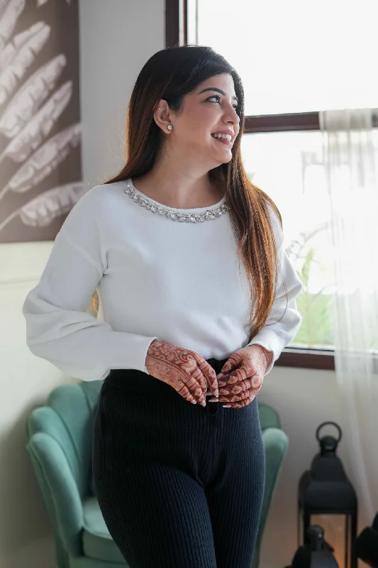 Weekend Specials to Savor Fresha White Crystal Embellished Knitted Top