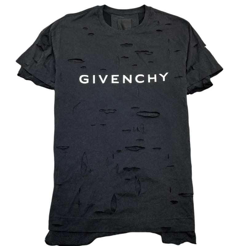 Super Bargain Men's Distressed Logo Print T-Shirt Black Size XS