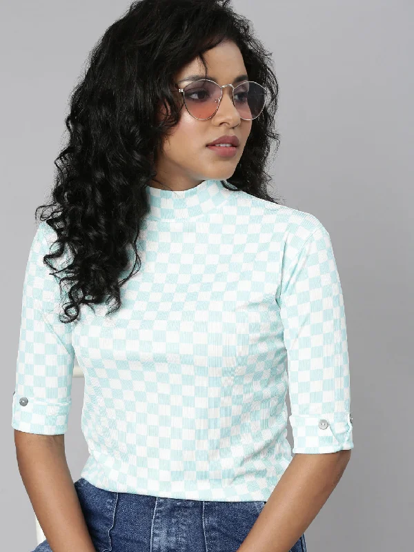 Steal Deal Women Turquoise Blue Checked Regular Top