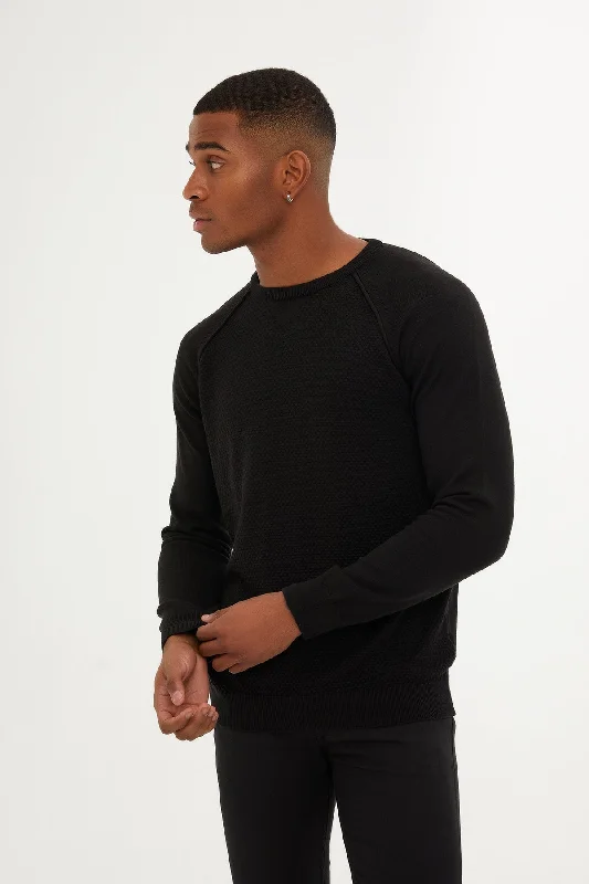 Massive Deal Slim Fit Black Waffle-Grid Cotton Blend Crewneck Sweater