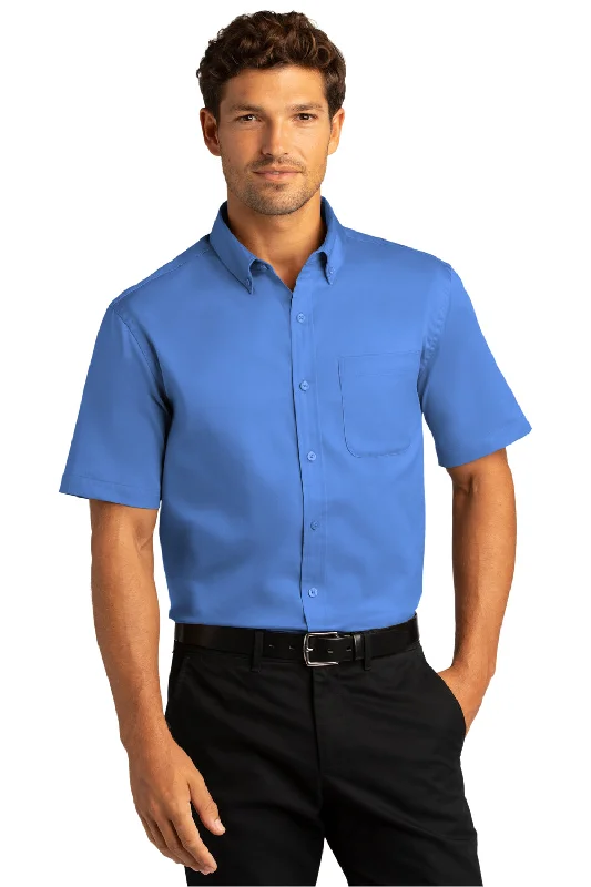 Weekend Offers That Dazzle Port Authority Mens SuperPro Wrinkle Resistant React Short Sleeve Button Down Shirt w/ Pocket - Ultramarine Blue