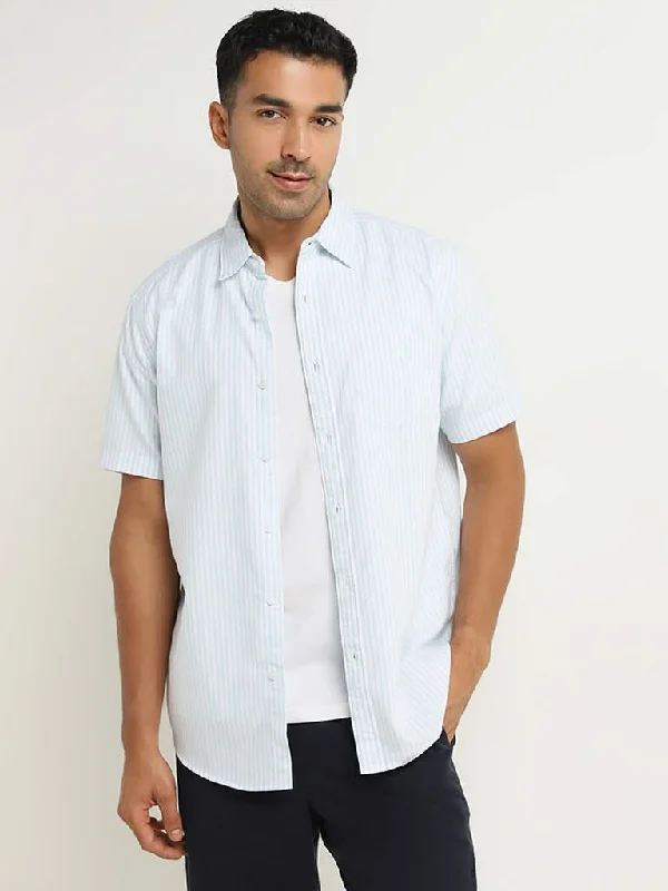 Weekend Specials to Savor WES Casuals Blue Stripe Print Relaxed-Fit Cotton Shirt