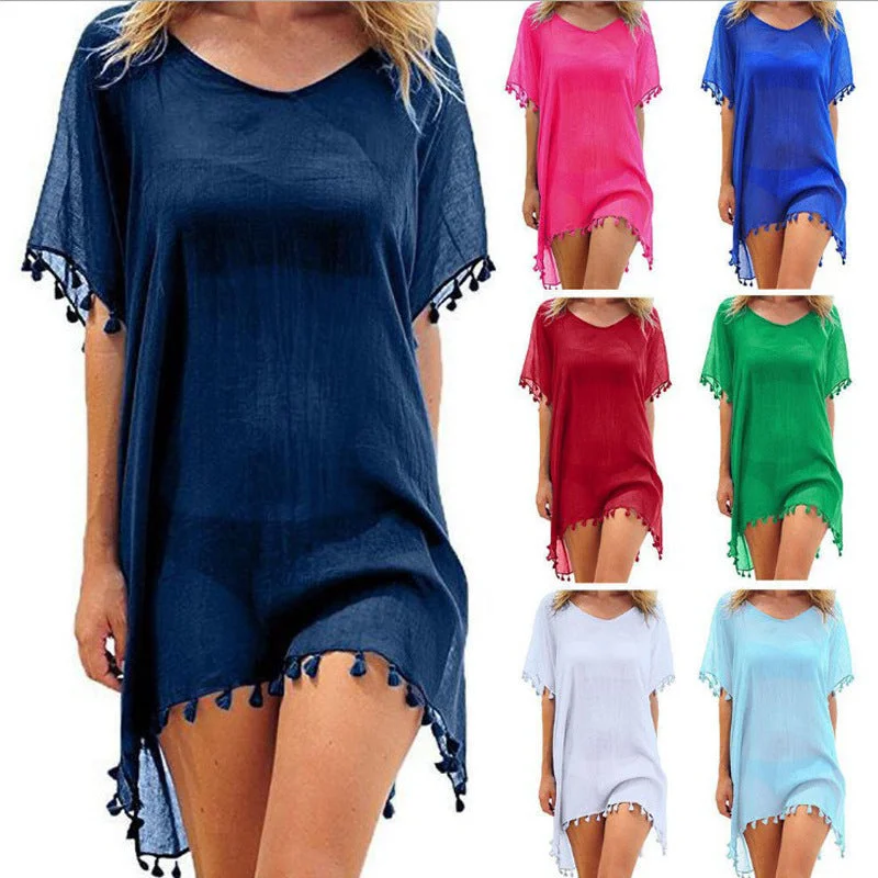 Weekend Offers That Thrill Haute Edition Women's Chiffon Beach Swim Cover Up with Tassels