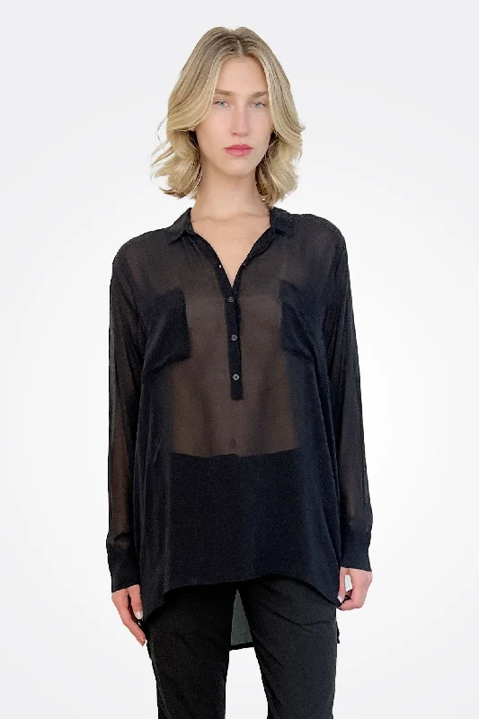 Weekend Bargains to Relish Pocket Oversized Silk Button Down - Black