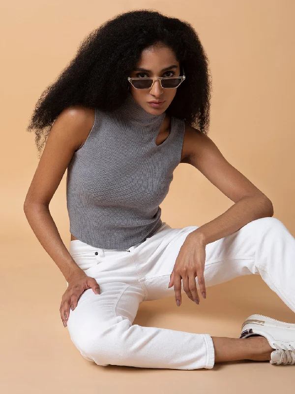Today Only Women Solid Grey Fitted Crop Top