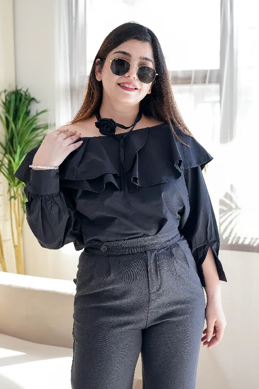 Weekend Offers That Thrill Allie Black Off Shoulder Top with Neckpiece