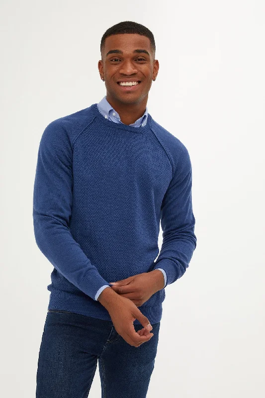 Weekend Deals You Can't Resist Slim Fit Patterned Cotton Blend Indigo Crewneck Sweater