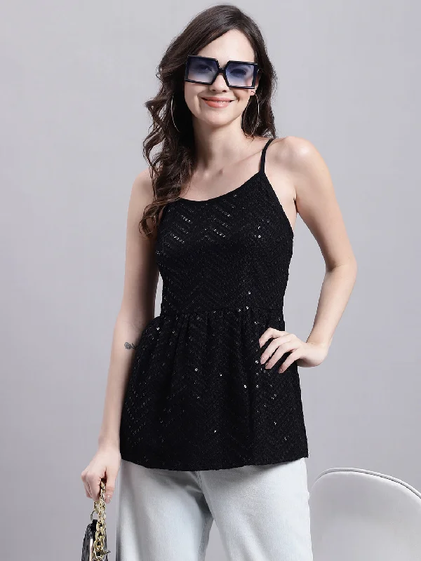 Weekend Savings Spectacle Women's Black Chikankari Sequen Work Empire Top