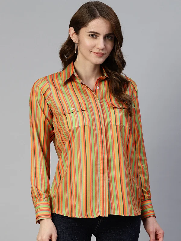 Super Sale Women  Striped Double Pocket Shirt Style Top