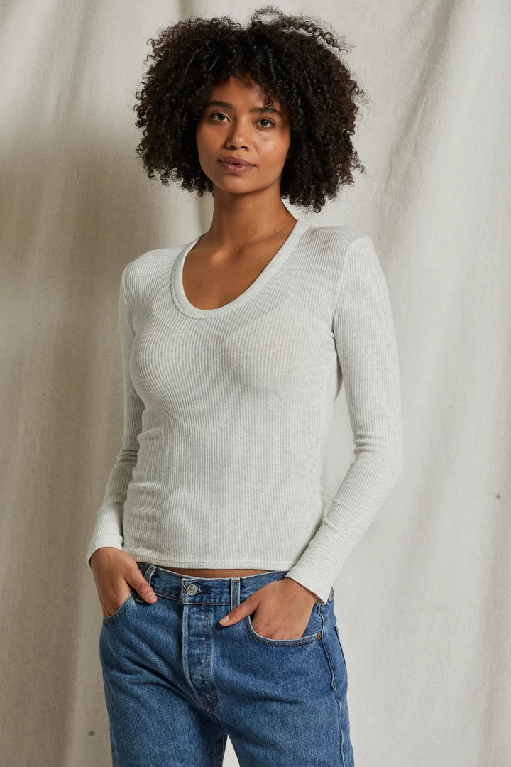 Weekend Deals to Make You Smile Whitney Rib U Neck Long Sleeve Sweater - Ash
