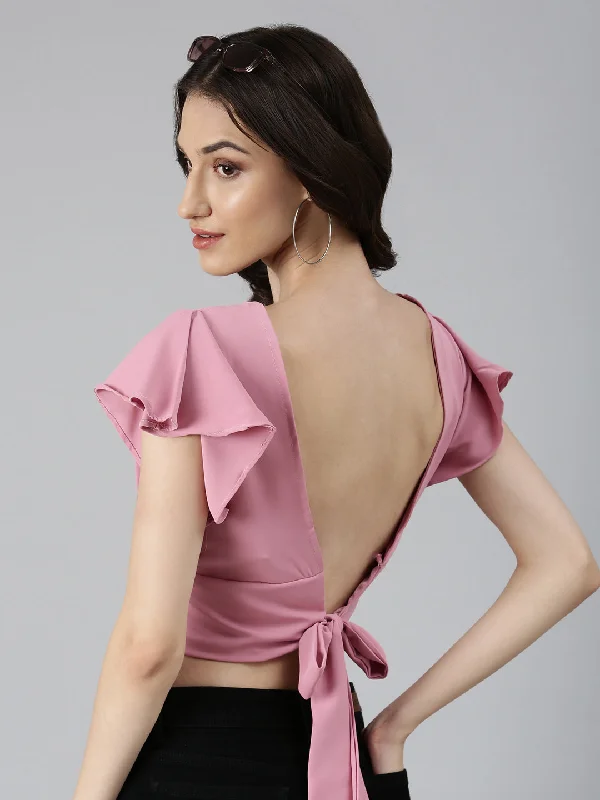 Great Deal Women Pink Solid Styled Back Crop Top