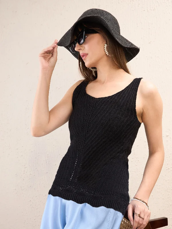Weekend Savings Spectacle Women Black Scoop Neck Sleeveless Crochet Top