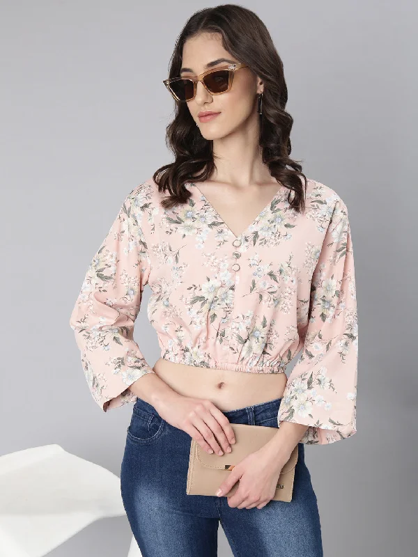 Weekend Discounts to Enjoy Women Peach Floral Blouson Crop Top