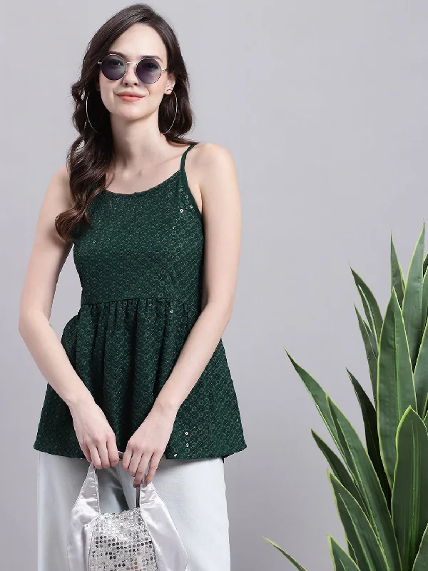 Weekend Offers That Sizzle Women's Olive Green Chikankari Sequen Work Empire Top