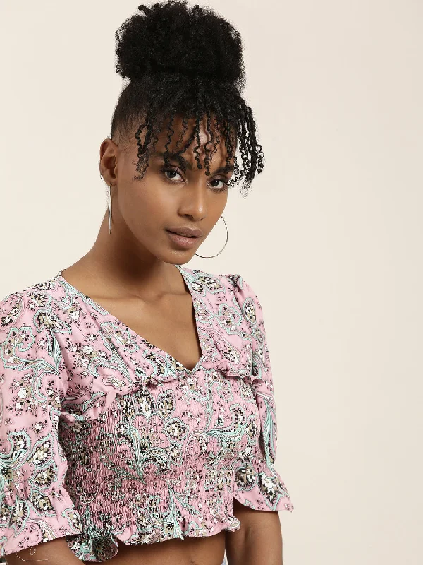 Deal of the Day Women Pink Printed Cinched Waist Crop Top