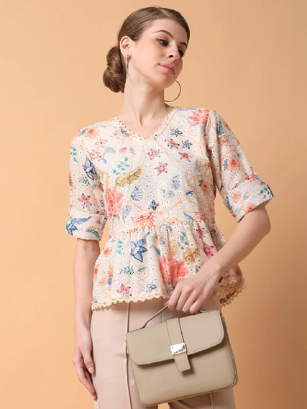 Weekend Bargains to Enjoy Women Floral Cream A-Line Schiffli Top