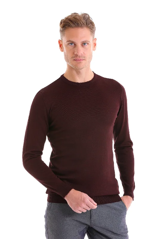 Super Discount Comfort Fit Burgundy Wool Blend Crew Neck Sweater