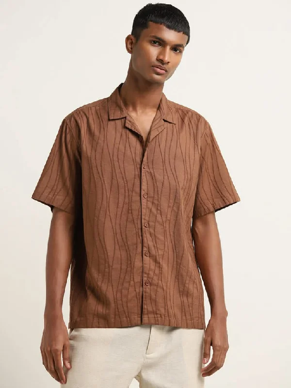 Weekend Bargains to Relish ETA Dark Brown Wave-Textured Relaxed-Fit Cotton Shirt