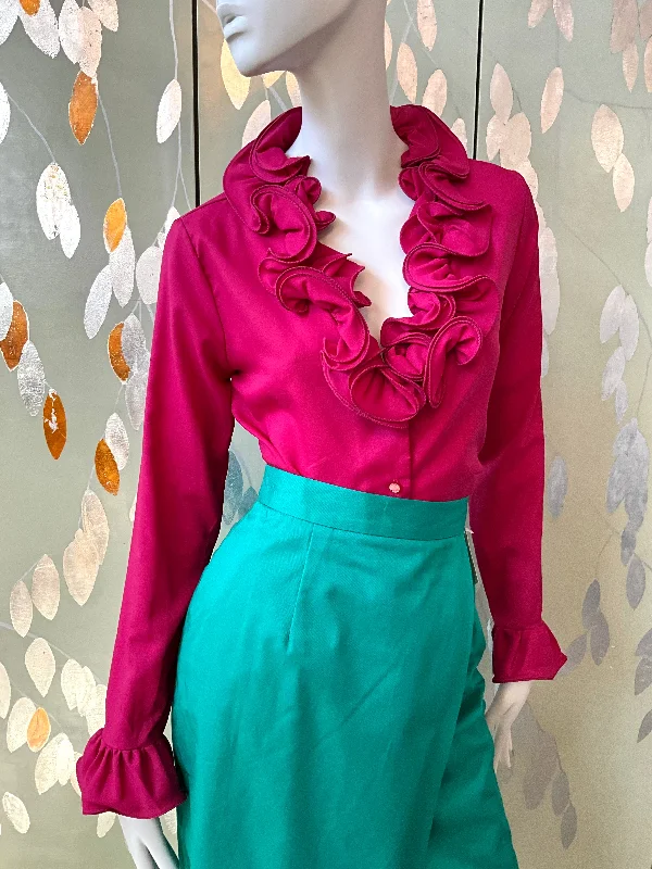 Act Fast Vintage 1980s Pink Long Sleeve Ruffle Neck Blouse, Med-Lrg