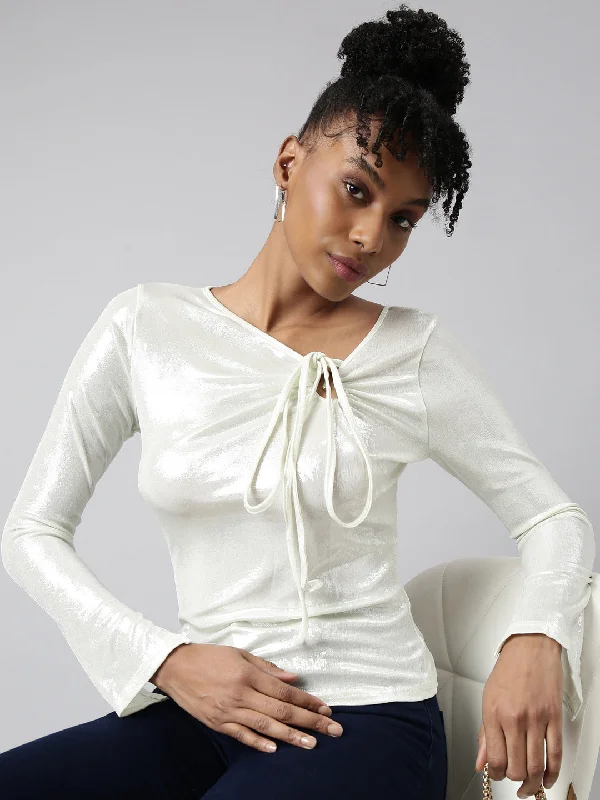 Weekend Bargains Just for You Women White Shimmer Fitted Top
