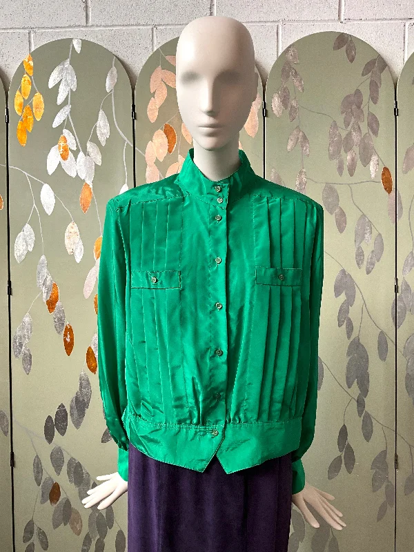 Stock Clearance Vintage 1980s Shamrock Green Satin Pleated Bomber Style Blouse, Large