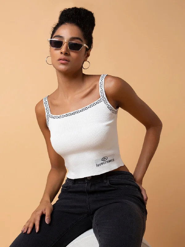 Stock Up Women Self Design Off White Tank Top