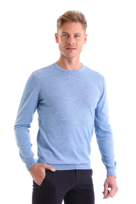 Closeout Deal Comfort Fit Wool Blend Blue Crewneck Sweater