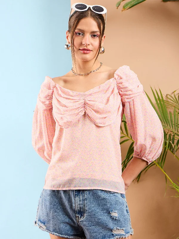 Weekend Bargains Galore Women Pink Ditsy Floral Ruched Cowl Neck Top