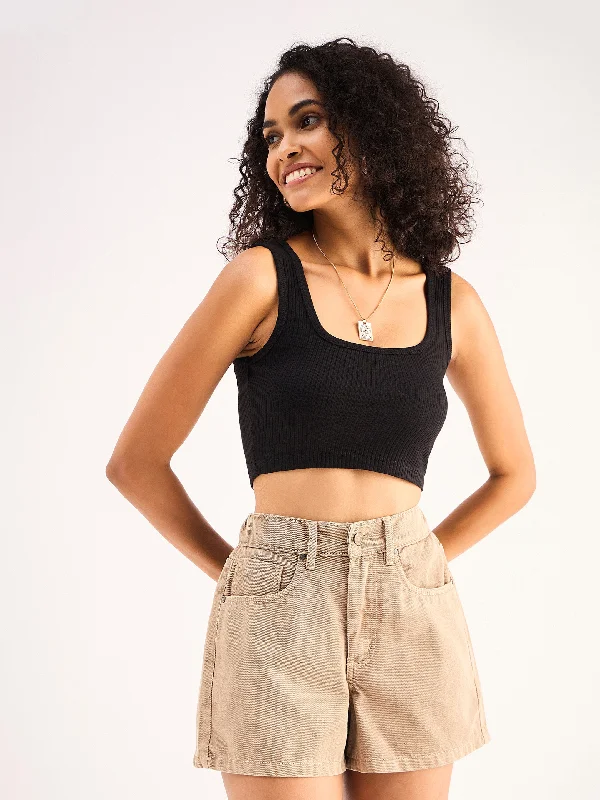 The Best Prices Women Black Rib Square Neck Cropped Tank Top