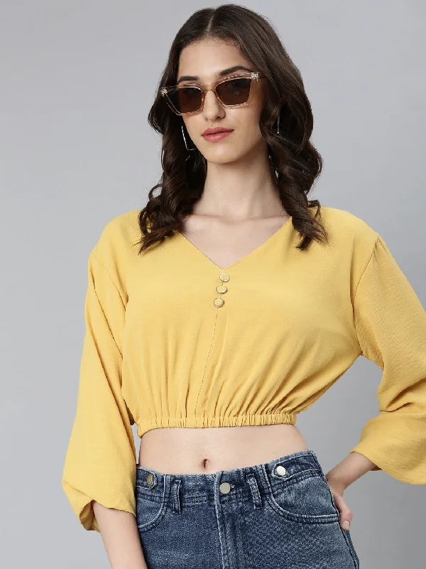 Weekend Shopping Extravaganza Women Mustard Solid Blouson Crop Top