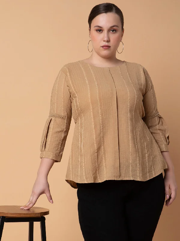Make Your Weekend Count with Savings Women Striped Camel Brown Top