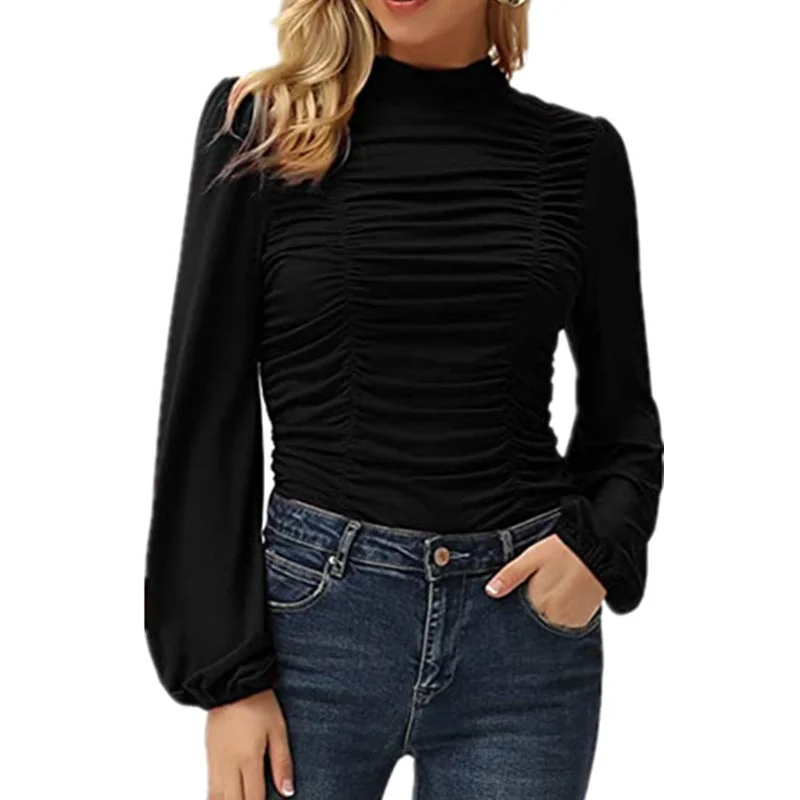 Steal Deal Haute Edition Women's Puff Sleeve Ruched Fitted Turtleneck Top