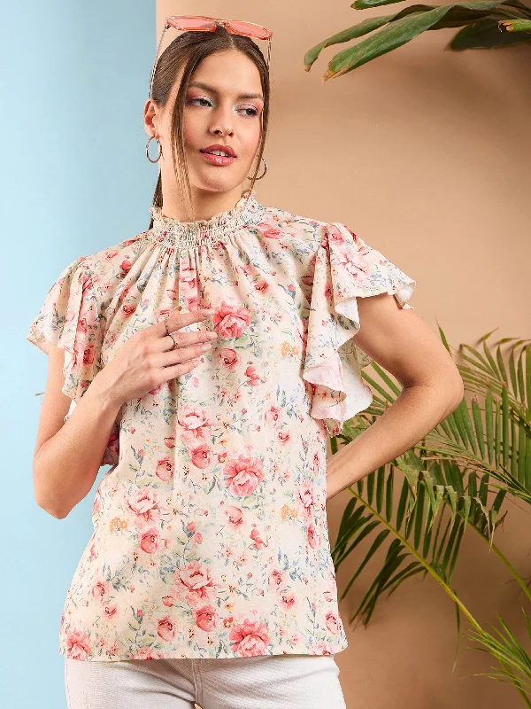 Reduced Price Women Cream Floral Smocked Neck Regular Top
