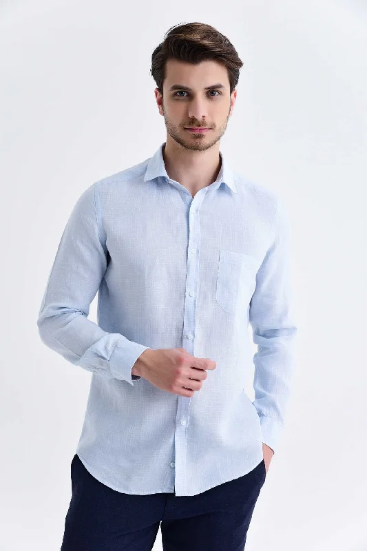 Weekend Bargains to Cherish Slim Fit Long Sleeve Pin Check Linen Light Blue Casual Shirt