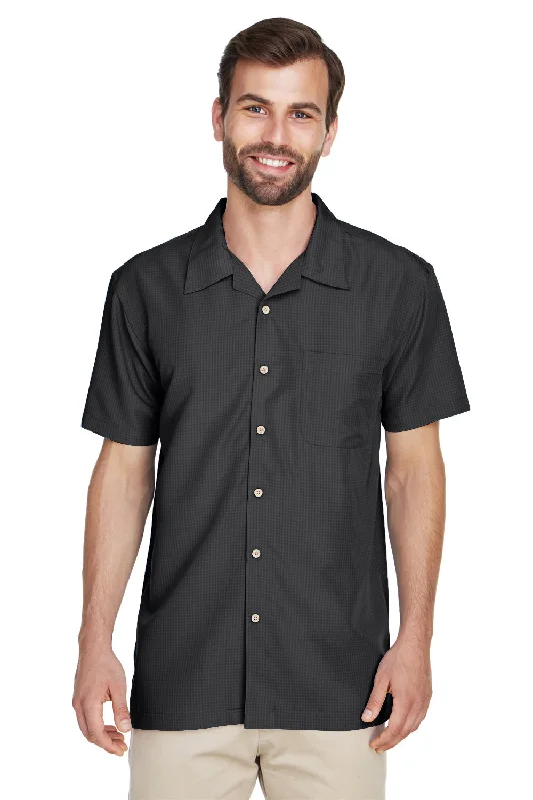 Overstock Harriton Mens Barbados Wrinkle Resistant Short Sleeve Button Down Camp Shirt w/ Pocket - Black