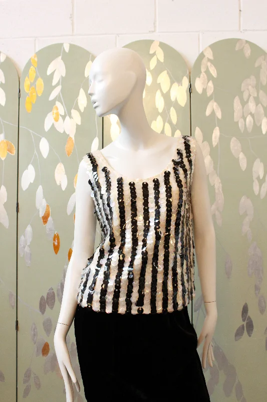 Flash Deal Vintage 1960s Black And White Large Sequin Striped Shimmy Top, Large