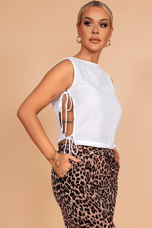 Weekend Discounts to Indulge In Elissa White Linen Tie Side Top
