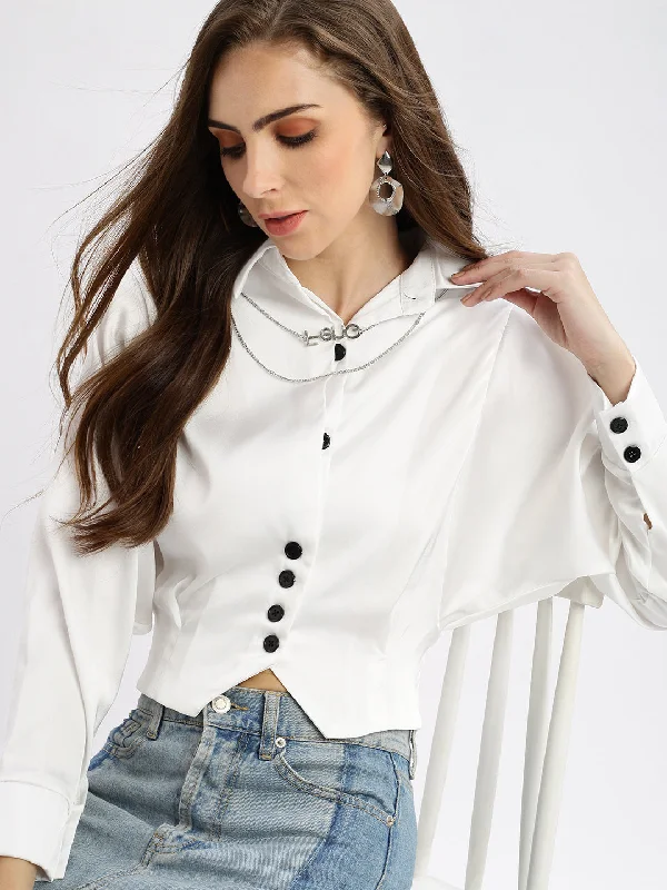 Weekend Offers That Impress Women Solid White Shirt Style Smocked Top with Neck Chain