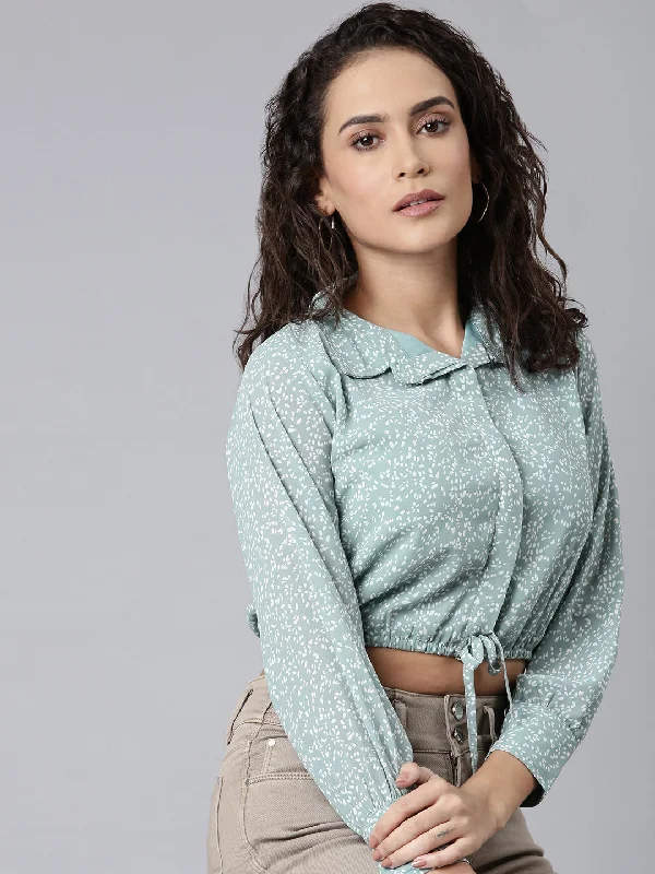 Weekend Discounts Worth Grabbing Women Sea Green Printed Shirt StyleCrop Top