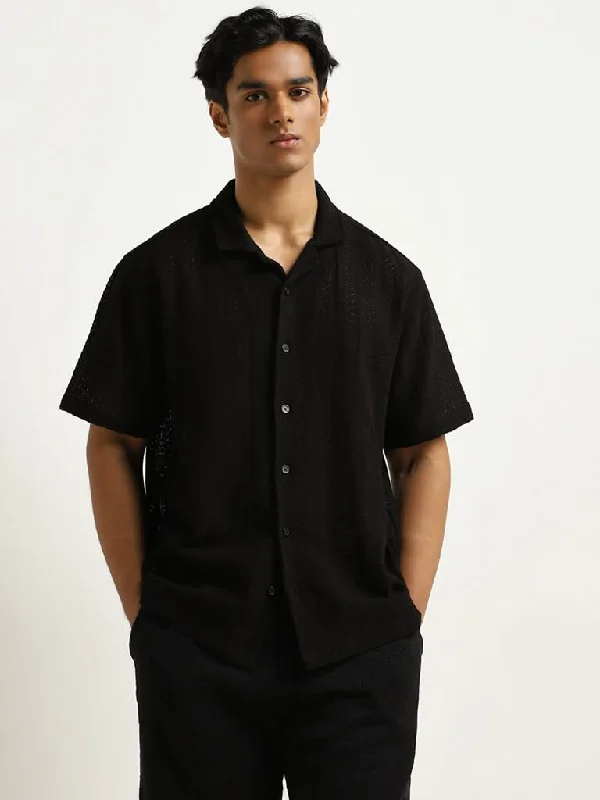 Weekend Specials to Relish ETA Black Knit-Textured Relaxed-Fit Cotton Shirt