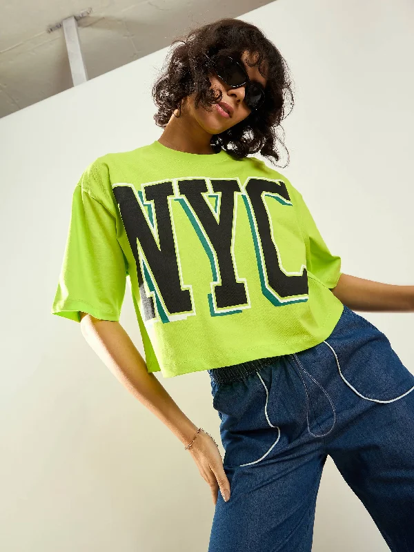 Weekend Specials to Savor Women Neon Green NYC Printed Crop T-shirt