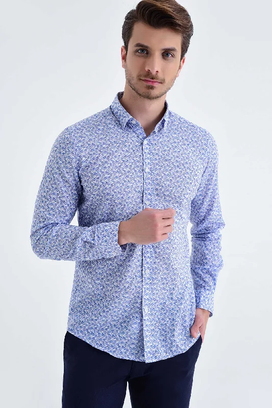 Weekend Specials to Delight Slim Fit Long Sleeve Floral Printed Cotton Blue Casual Shirt