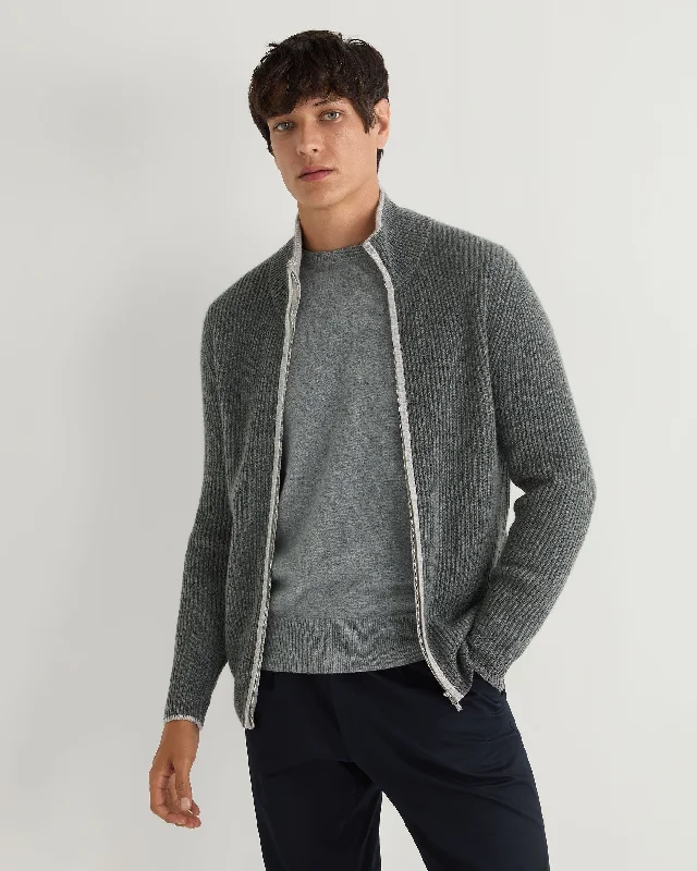 Extra Discount Men's Lambeth Rib Full Zip Cashmere Cardigan Elephant Grey