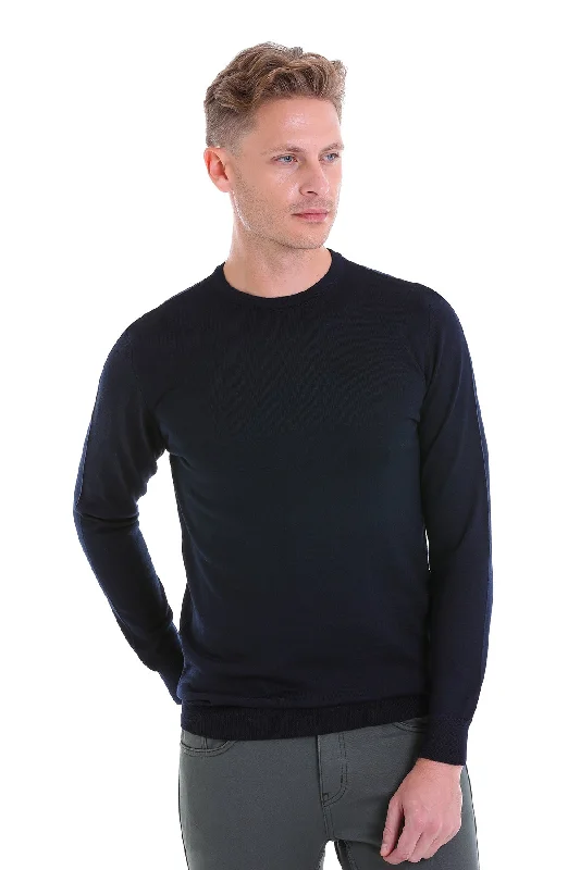 Exclusive Offer Comfort Fit Navy Wool Blend Crew Neck Sweater