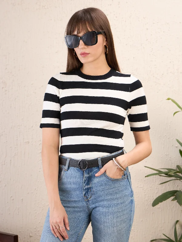 Weekend Savings Fiesta Women Black & White Striped Acrylic Top