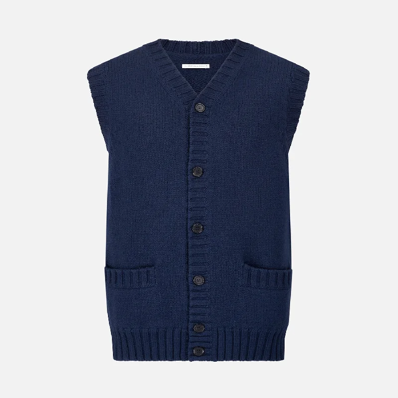 Now Available NAVY MERINO V-NECK SLEEVELESS CARDIGAN